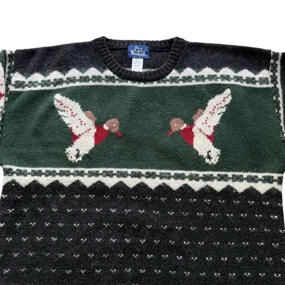 Vintage 90s Woolrich Sweater Mens Large Green Mallard Ducks 100% Wool Hunting - Picture 2 of 13
